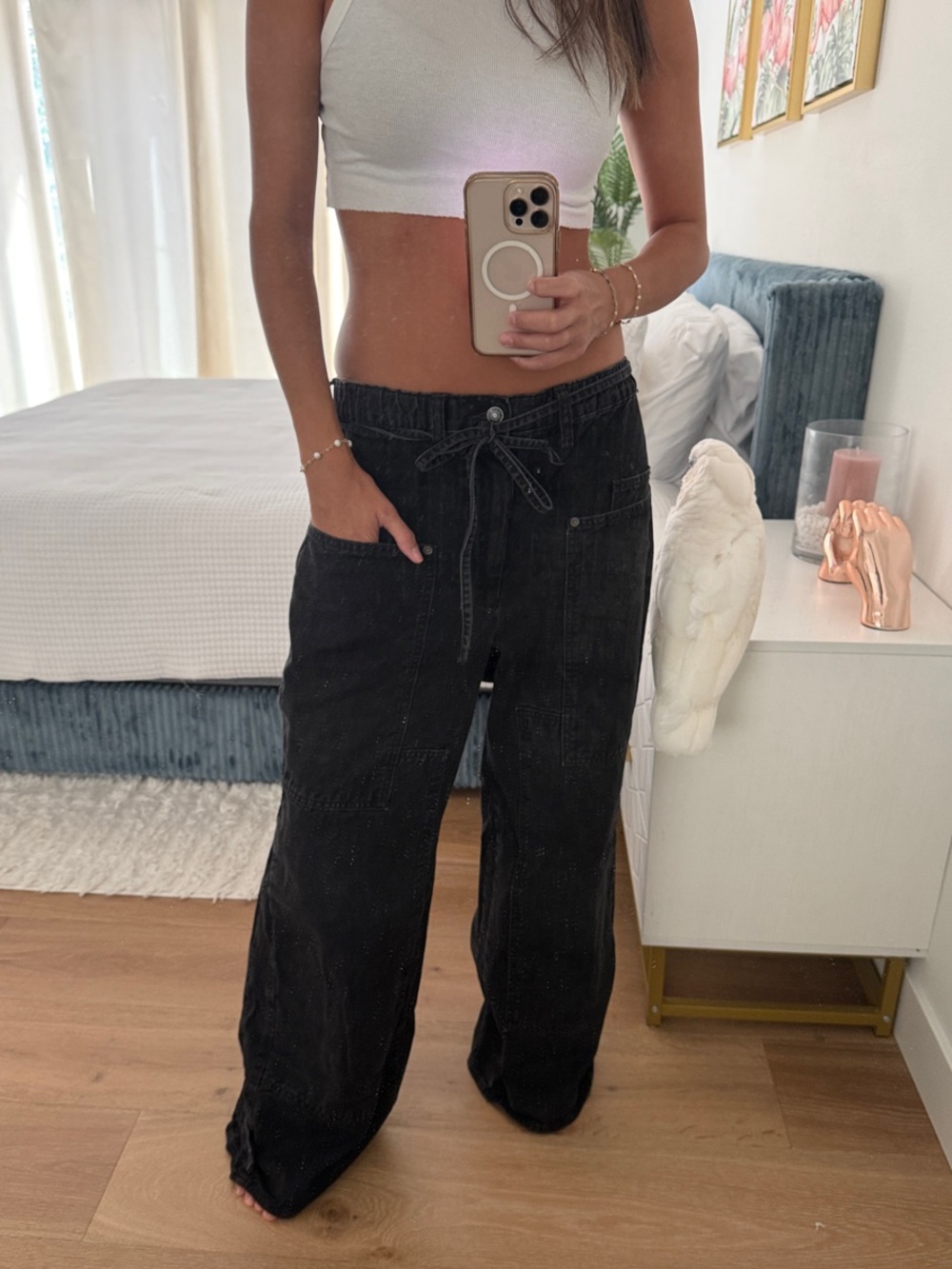 Free People Black Wide-Leg Drawstring Jeans